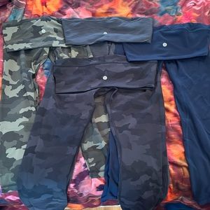 EUC LULULEMON size 6/four pairs: Align 2 camo, 1 navy, 1 gray (various lengths)